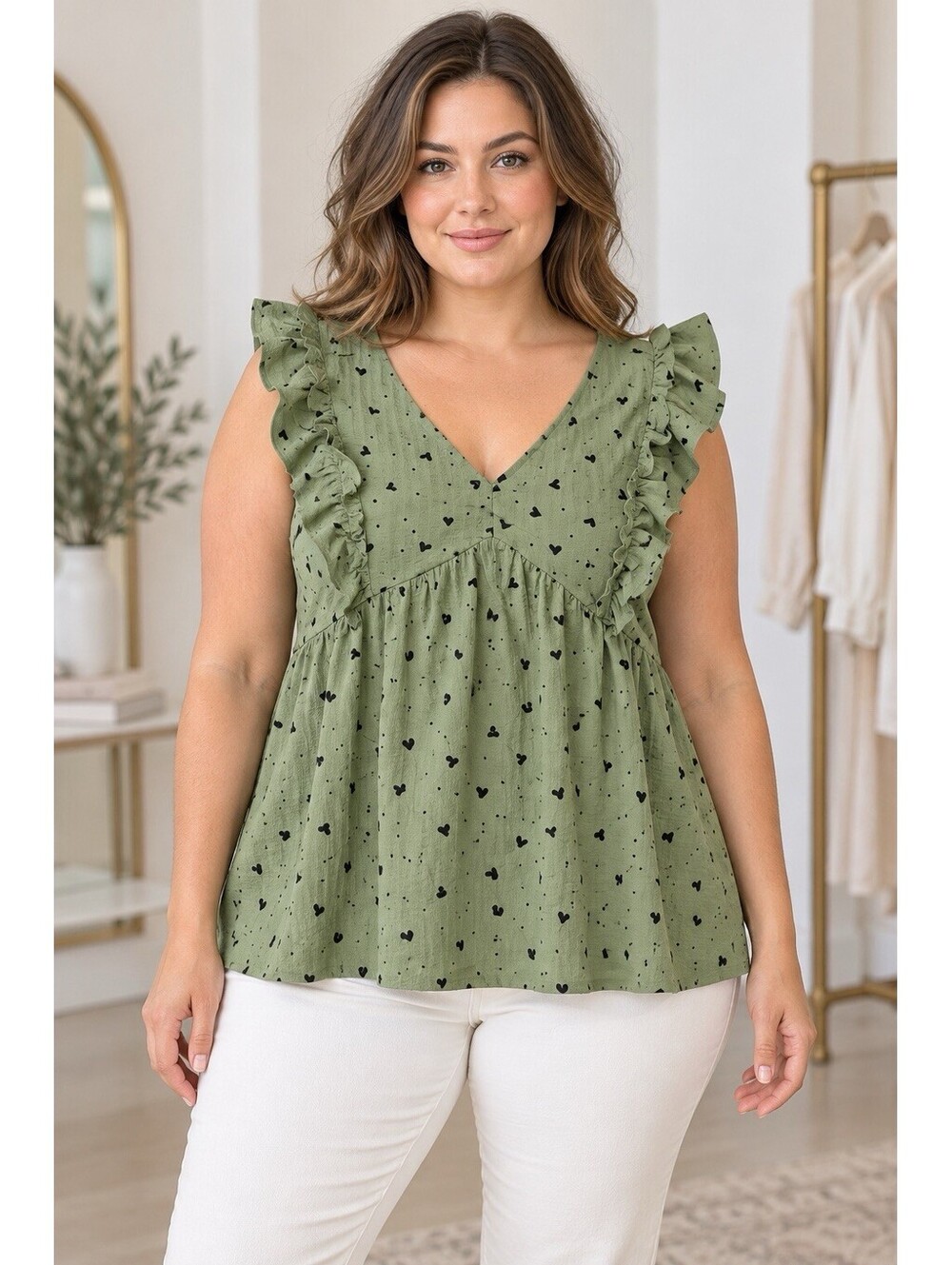 Umgee Women’s L Green/Black Heart Print Ruffle Sleeve V-Neck Pullover Blouse